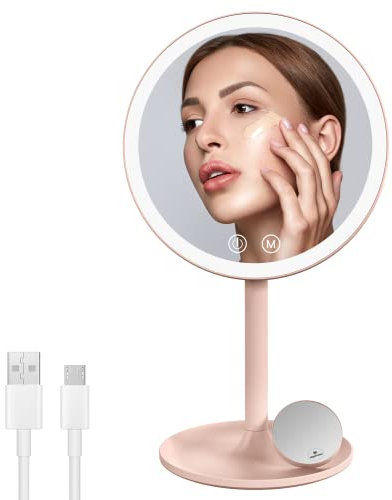 EMKE Miroir de Maquillage avec éclairage, Miroir cosmétique LED avec 3 Couleurs de lumière, Miroir de Maquillage Pratique avec grossissement 1/3x, luminosité Variable et Interrupteur Tactile (Rose)