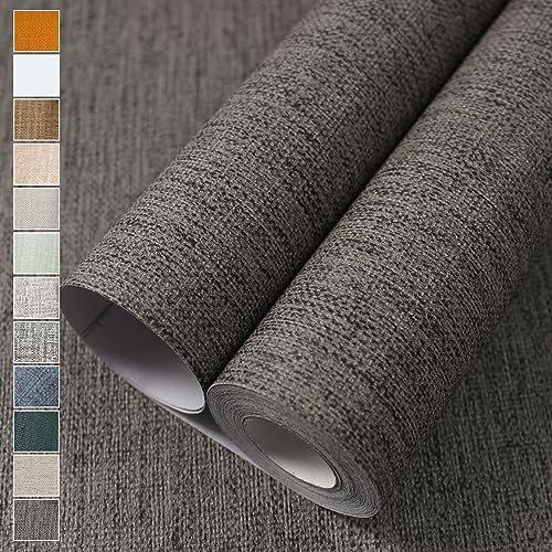 WADILE Grasscloth Peel and Stick Wallpaper, 40cm X 5m Textured Contact Paper, Faux Linen Wall Paper, Fabric Vinyl Wallpaper Self Adhesive Black Gray