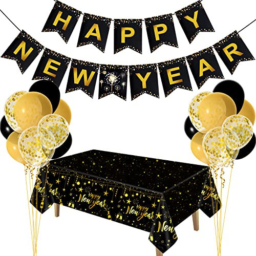 20 Stück Neujahrsdekorationen 2025, Neujahrs-Tischdecken-Banner, Plastik-Tischdecke, schwarze und goldene Party-Luftballons mit Band für Zuhause, Urlaub, Silvester-Party-Hintergrund, Silvester-Zubehör