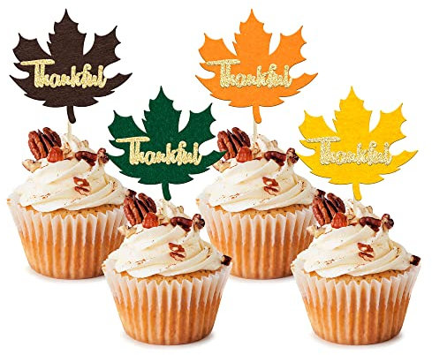 Cupcake-Topper in Ahornblatt-Form, 24 Stück, für Herbsternte, Babyparty, Geburtstag, Erntedankfest, Partyzubehör, Kuchendekorationen
