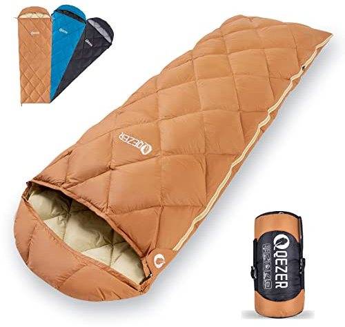 QEZER Sommer Schlafsack, Ultraleicht Schlafsack Kleines Packmaß mit 600FP Daunen für Erwachsener und Kinder Camping, Trekking und Wandern Outdoor (Schwarz) (Kaffee)