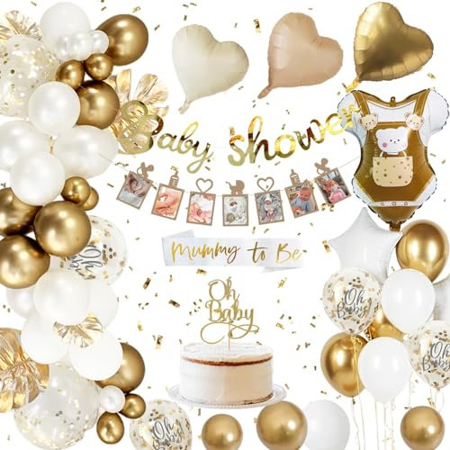Babyparty Deko, Baby Shower Deko, Babyparty Deko Mädchen Junge, Weiß Gold Babyshowerparty, Baby Party Dekoration, Babyparty Deko Neutral, Baby Shower Banner, Luftballons Babyparty für Gender Reveal