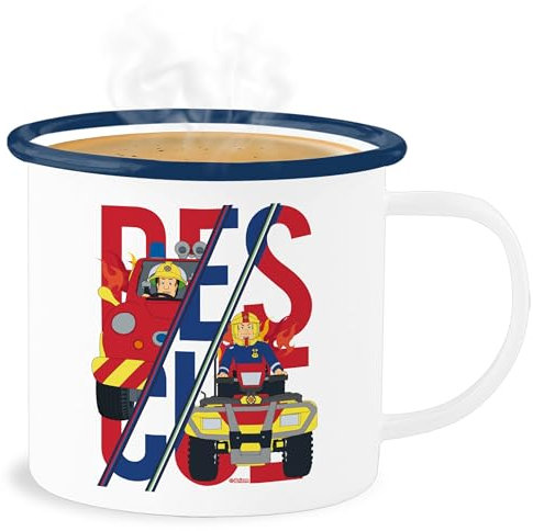 Emaille Becher Blechbecher - Feuerwehrmann Tasse - Rescue Sam Merkur Venus - 300 ml - Weiß Blau - feierwehrman der feuwehrmann feierwehrmann feuerwhrmann fwuerwehrmann sa feuerwerhman