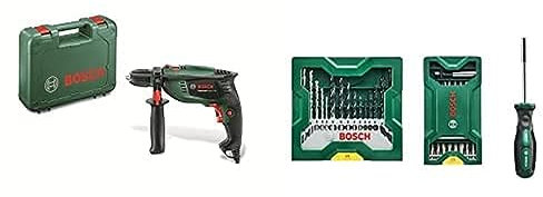 Bosch Schlagbohrmaschine UniversalImpact 700 (Zusatzhandgriff, Tiefenanschlag, Koffer, 700 Watt) + 25 + 15 + 1 Mini-X-Line Set plus Griff (für Metall, Holz, Stein, Zubehör Bohrmaschine)