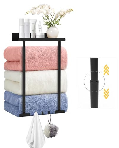 HUIZHOU porta asciugamani bagno, porta asciugamani senza foratura nero regolabile dimensione porta asciugamani parete, recentemente aggiornato multifunzionale porta asciugamani (Scalabile 38CM-75CM)