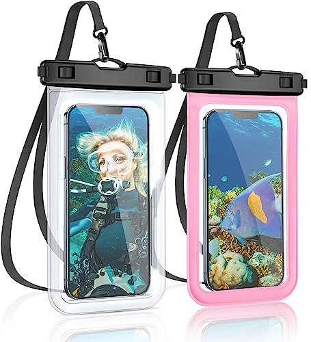 Ruayia Custodia Impermeabile Smartphone [2 Pezzi] IPX8, Cover Cellulare Subacquea Universale per 14 13 12 11 Plus Pro Max, Samsung S22/S21/S20, Huawei/Xiaomi Fino a 6.8 - Trasparente+Rosa