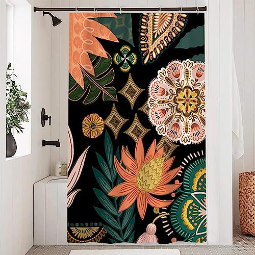 Uiiooazy Duschvorhang 120x200cm, Duschvorhang Boho Style Tropisch Blumen Grüne Blätter Duschvorhänge Anti Schimmel Stoff Waschbar Wasserdicht Polyester Bad Vorhang mit 8 Haken für Badezimmer