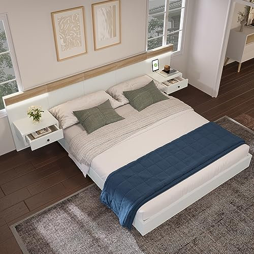 ZYLOYAL10 Doppelbett Bettanlage mit USB C Steckdose Holzbett inkl Komplett- Set in Eiche (160X200 cm Mit Nachttisch, Sonoma Weiß - Ohne Matratze)