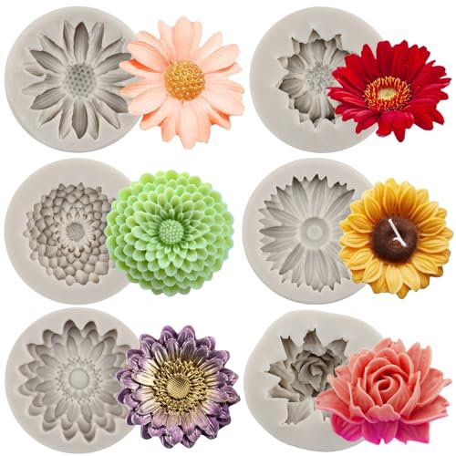 MYPRACS Lot De 6 Moules En Silicone En Forme De Fleur De Chrysanthème Pour Fondant Marguerite Fleur Chocolat Bonbons Pour Décoration De Gâteaux Cupcakes Argile Polymère Pâte À Gomme