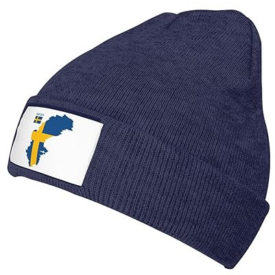 KWQDOZF Marineblaue Schweden-Flagge-schwedische Strickmütze, weiche warme gestrickte Totenkopfmütze, Schwarze Wintermütze für Männer und Frauen