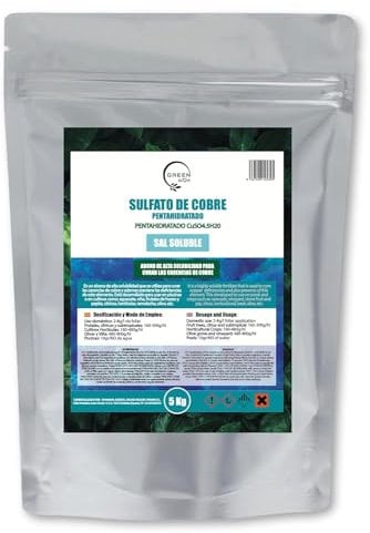 GREENGOF Sulfato de Cobre cúprico CuSO, 5 Kg. Sal Soluble. Fungicida de Origen Natural. Abono para curar las carencias de cobre. Uso en Piscinas, Plantas y Cultivos.