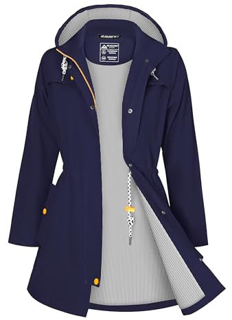ATLASLAVA Regenjacke Damen Lang Wasserdicht Kapuze Regenmantel übergangsjacke Trenchcoat Outdoor Mantel Navy Blau M