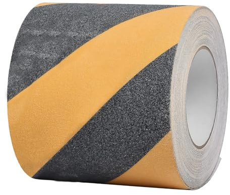 Funnytek 1 rouleau de ruban adhésif antidérapant pour escalier - Avec autocollant - 15 cm x 10 m - Ruban adhésif puissant - Pour revêtement de sol intérieur et extérieur - Noir et jaune