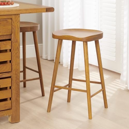 The Furniture Market Rustic Oak | Shaker Style Saddle Seat Counter Stool | Ergonomic Contoured Seat | Solid Wood | No Assembly Required | Kitchen Island Height Stool | H 680mm x W 420mm x D 370mm