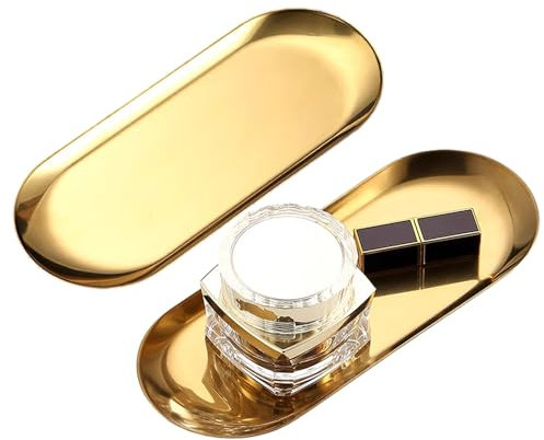 Ksvaye 2 Pezzi Vassoio Oro Vassoio Decorativo in Acciaio Inossidabile 30 x 12cm Ovale Vassoio Dorato per Gioielli, Portacandele, Cosmetici o Bagno (Oro)