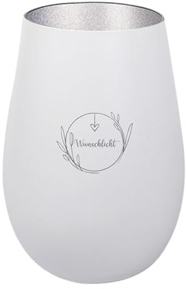 Der-Porzellan-Laden Windlicht mit Gravur Wunschlicht, Weiß Silber, Teelichthalter aus Glas mit Spruch, Tischdeko modern