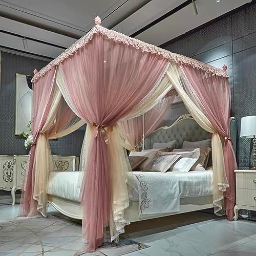 4 Ecken Pfosten-Prinzessin-Moskitonetz-Vorhänge, Betthimmel für Mädchen, Vorhang – doppellagig, durchsichtige Netz-Vorhänge, Vorhänge, Mädchenzimmer-Dekoration (helles Mauve, voll)