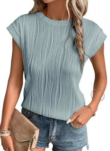 Gemulate Short Sleeve Blouses Casual Round Neck Tshirts Tees for Women Ladies Knit Solid Summer Tunic Tops Dark Green M
