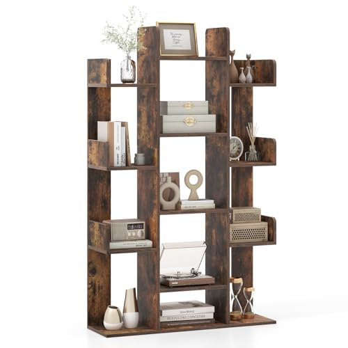 COSTWAY Bücherregal im Baumform, Regal mit 13 offenen Fächern, Standregal, Aufbewahrungsregal für Wohnzimmer oder Büro, vintagebraun, 86 x 24,5 x 141 cm