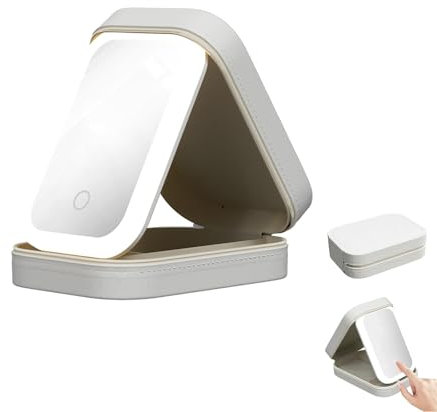 Travel Makeup Bag with LED Light Up Mirror, Travel Makeup Case with Led Mirror, Portable Makeup Box with Mirror and Light, Make Up Bag with Led Three-Color Adjustable Makeup Mirror (Beige)