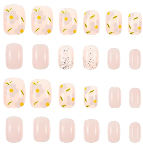 24Pcs Flower Press on Nails Stick On Nails Set Acrylic Nails Cute Short Square False Nails with Small Flowers Sequins Design Full Cover Fake Nail Tips Nail Art Decorations for Women Girls DIY Manicure