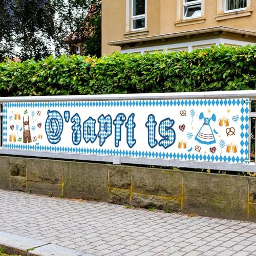LAMEK Oktoberfest Banner 300x50cm Bayrische Partysbanner O'zapft is Bayern Banner Extra Lange Bavaria Party Deko Blau Weiß Wiesn Dekoration für Bierzelten Bier Festival München