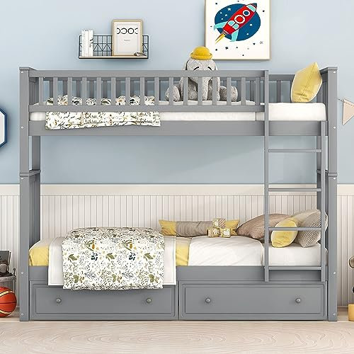 KAZZIO Literas, camas infantiles, camas funcionales, literas con cajones, camas convertibles, 90 x 200 cm (gris)