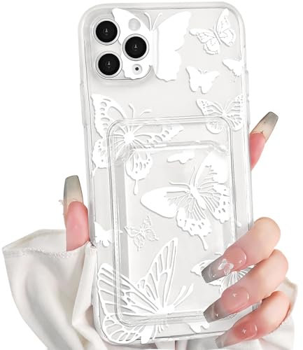 NITITOP Compatible with iPhone 11 Pro Max Case Clear with Card Holder Cute Butterfly Pattern for Women Girl Soft TPU Shock-absorbing Wallet Case Protective Phone Cover - White