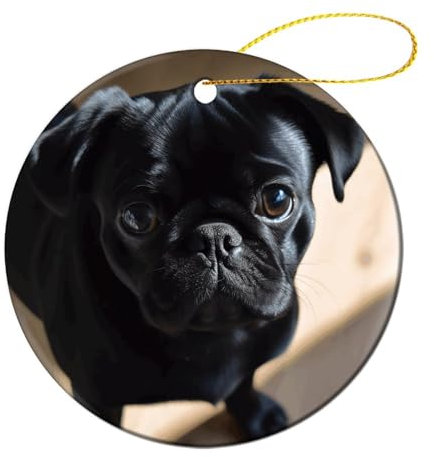 Runde Keramik-Weihnachtsdekoration, schwarzer Mops, Hund, Welpe, Druck, rund, Weihnachts-Souvenir, Urlaub, hängende Dekoration für Bäume und Häuser, leicht