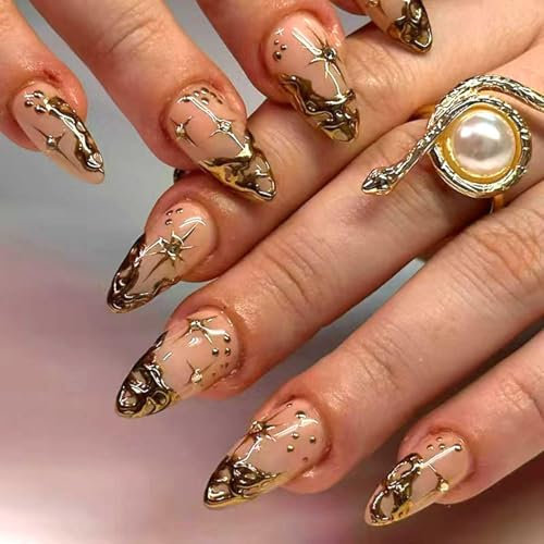 Golden French Tip False Nails, Short Almond False Nails, Leather Color False Nails with Irregular Chrome Design 3D Gold False Nails Shiny Acrylic Adhesive False Nails with