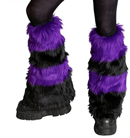 YILEEGOO Womens Faux Fur Fuzzy Leg Warmers Warm Fuzzy Rainbow Boot Sleeves Boot Covers Cuff Fluffy Rave Music (Z-Purple Black, One Size)