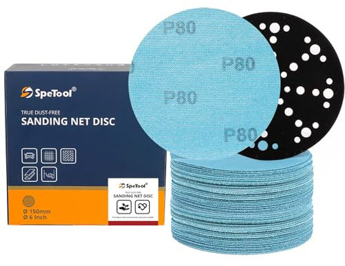 SpeTool 6 Inch Anti-Blocking Net Sanding Disc, 80 Grit 30 Pieces Ceramic Aluminum Oxide Sandpaper, Dustless Hook and Loop Mesh Sandpaper for Wood, Drywall, Metal, Epoxy Resin