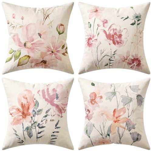 MIULEE 4er Set Wasserfeste Kissenbezüge Outdoor Kissenbezug wasserdichte Kissenhülle Gedruckte Outdooorkissen Dekokissen für Balkon Hof Terrasse Blume 45X45CM