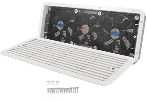 Lybunair Ventilateur de réfrigérateur réversible avec grille, alimentation 12 V, aérations latérales fermées pour refroidir les réfrigérateurs de camping-car, camping-cars, yachts et bateaux, assure