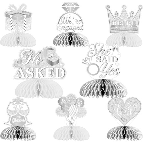 Funmemoir Engagement Party Decorations Silver - 8pcs Engaged Honeycomb Centerpieces Double Sided Engagement Party Table Decorations for Engagement He Asked She Said Yes Bridal Shower Supplies