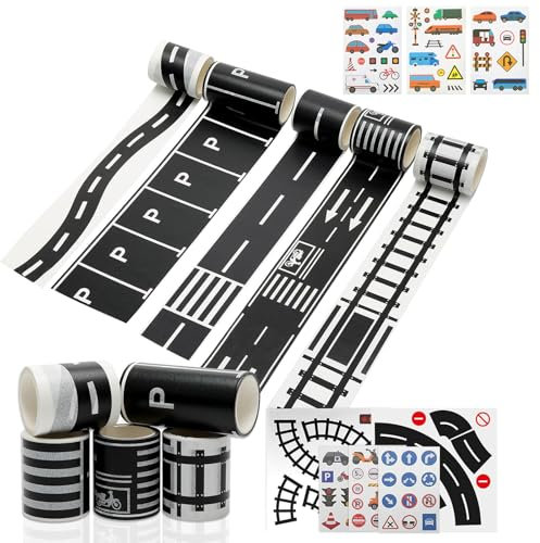 13 pcs Straße Washi Tape, Straße Autobahn Eisenbahn Klebeband, Spur Straßenband Eisenbahn Straße Klebeband, Verkehrszeichen Aufkleber für Spielzeugauto, Bullet Journals, Scrapbooking, Verpackungen (A)