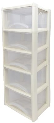 Neat. 5 Plastic Storage Drawers, Space-Saving Draws for Office & Home, Drawers Storage Unit - Durable Storage Draws - Storage Drawers Unit - H100cm x L39cm x W39cm -Cream