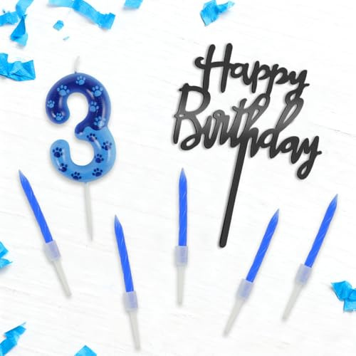 Geburtstagskerzen Zahlen 3, Blaue Hundepfotenkerze 3, Birthday Candles Set, Blaue Hundepfoten Kerzen Geburtstag Junge, Tortendeko Geburtstag, Kuchendeko, Pet Party Deko Zubehör für Geburtstagsdeko