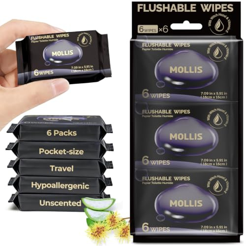 MOLLIS Travel Toilet Wipes Flushable, Unscented, Witch Hazel, 36 Count | Wet Wipes with Aloe Vera, Sewer & Septic Safe for Intimate & Body Care