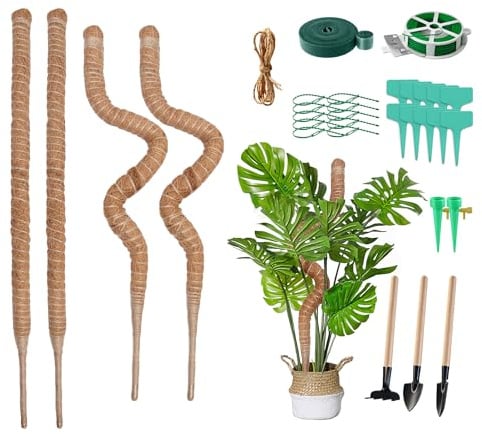 H Hawsam 4pcs 60cm Monstera Rankhilfe für Pflanzen Biegbar Kokosstab Moosstab für Monstera Kokosfaser Rankhilfe mit Zubehör Etikett,Verschiedene Kabelbinder, Pflanzenstütze für Garten Kletterpflanzen