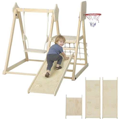 AIYAPLAY Struttura da Arrampicata per Bambini 3-6 Anni 5 in 1 Pieghevole | Parco Giochi in Legno, Scivolo, Pannello e Rete da Arrampicata, Altalena e Canestro, Gioco Montessori Educativi, da Interno