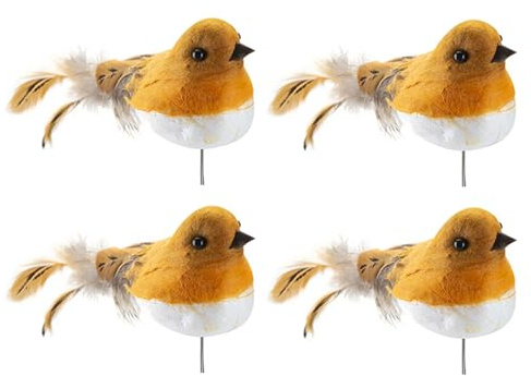 CHPL Charming Festive Robins – Set of 4 Pcs Realistic Artificial Birds with Soft Feathers, Flexible Wire Stems for Christmas Trees, Wreaths, Garlands, and Home Decorating