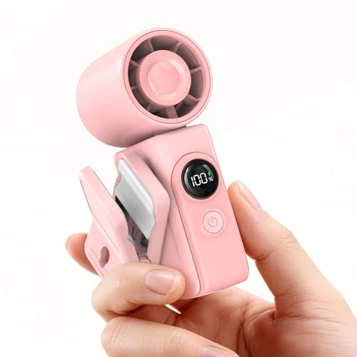 Dnenellr Mini Handventilator mit Clip, Kleiner Ventilator (Soft Pink) | Tragbarer Ventilator mit Abnehmbarer Clip, Digitalanzeige, USB 13500RPM, 4 Stufen, Drehbarer Kopf für Arbeit, Camping, Reisen