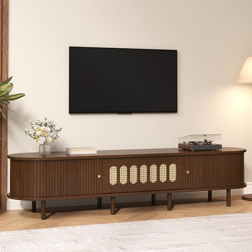 Merax TV Ständer Ovaler in Nussbaum dunkel, Lowboard TV Board mit 2 Schiebetüren & 1 Rattan-Klapptüren, TV-Schrank für 80-Zoll-Fernseher, Landhausstil Sideboard, Fernsehschrank für Wohnzimmer, 180cm