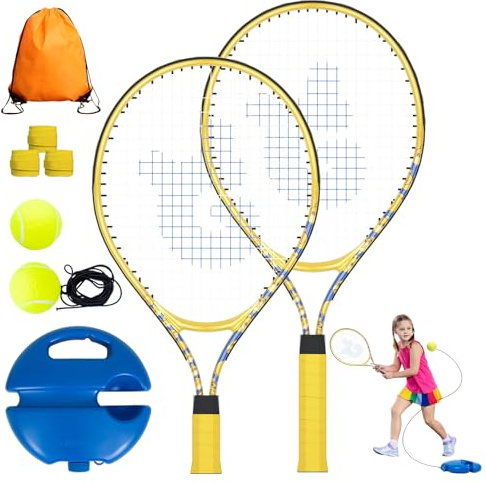 JOY SPOT! 2 Pack Tennisschläger für Kinder, Tennis Trainer Set mit Rebound Ball, Schnur & Tasche für Anfänger, Jugendliche, Erwachsene, Trainingsgerät for Outdoor Gartenspiele