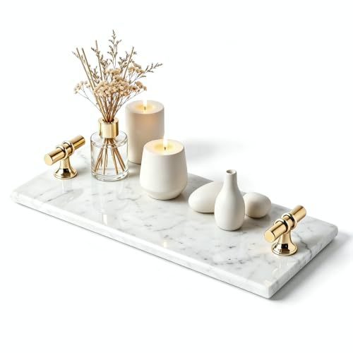 Natural Marble Vanity Tray with Handles & Foot Pads for Bathroom Home Decor | Rectangular Bathroom Vanity Organiser Tray, Marble Perfume Makeup Jewellery Tray for Dressing Table Bedroom Decor (White)