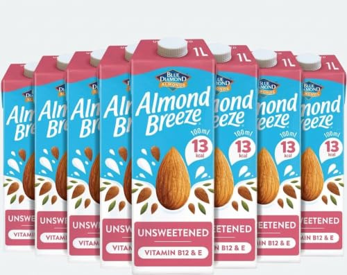 Blue Diamond Almond Breeze Unsweetened Almond Milk, 8 x 1L | Premium Quality Ingredients, Diary Free Milk Alternative, No Saturated Fat, Source of Calcium, No Added Sugar