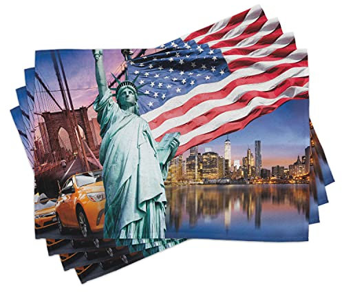 ABAKUHAUS Vereinigte Staaten Platzmatten, USA Touristic Konzept, Waschbare Stoff Esszimmer Küche Tischdekorations Digitaldruck, Meerblau Rot