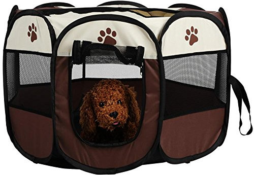 SOULONG Oxford Welpenlaufstall, Tierlaufstall für Hunde Hasen Meerschweinchen mit Tür, faltbar Waschbar Eckig 81 x 45cm,Coffee