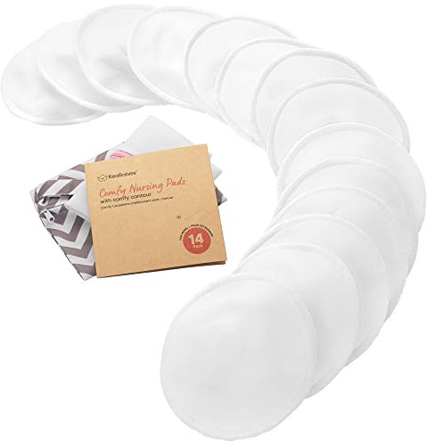 Assorbilatte di Bambù Organico - 14 Cuscinetti Lavabili + Borsa da Bagno - Cuscinetto per Capezzolo per Allattamento in Maternità (Soft White, XL 14cm)